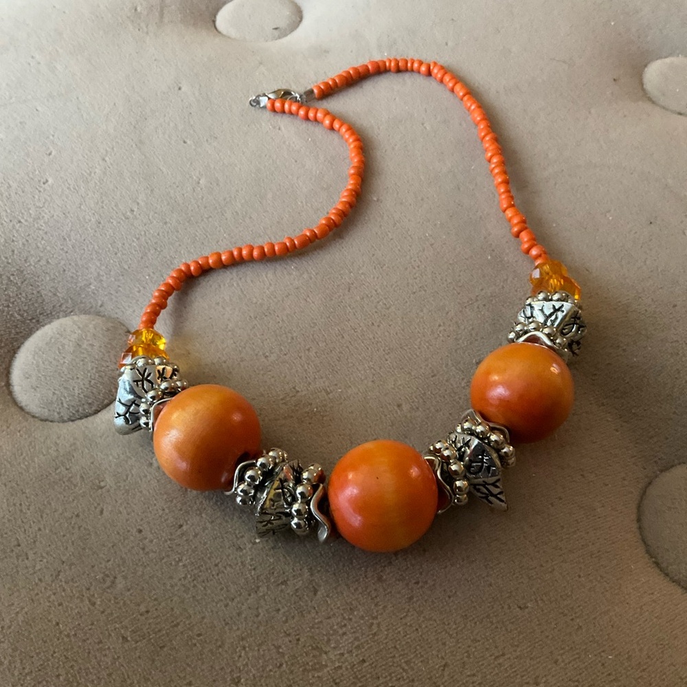 Orange and Silver Beaded Necklace